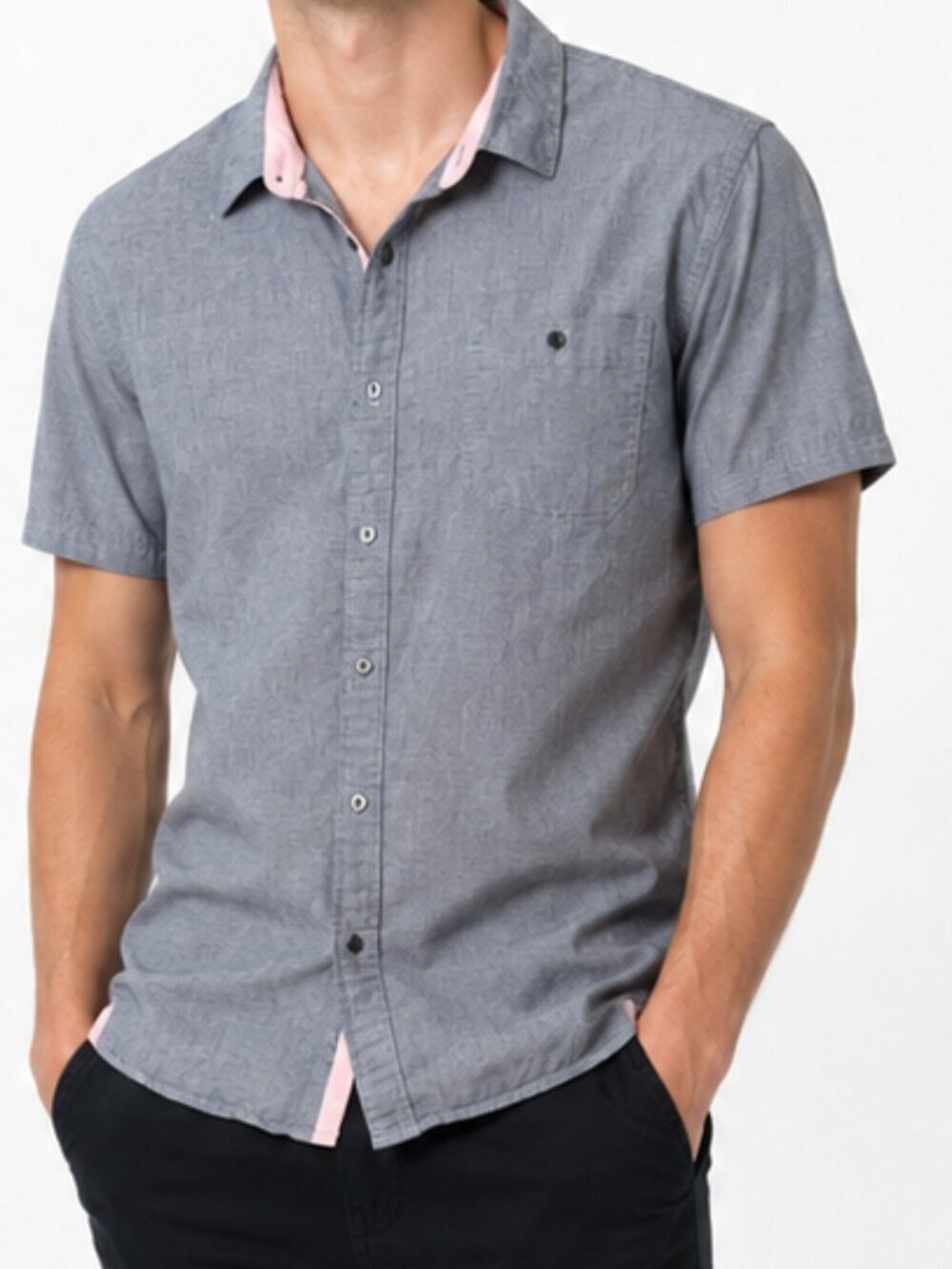 Six Lincoln Short-Sleeve Button-Down Gray Textured Pink Details Mens XL Slim